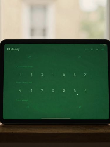 Moody editorial photography of a clean performance dashboard displayed on a high-end tablet, warm cream and forest green UI, moody window shadows, 35mm film