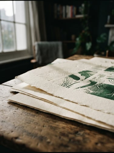 A close-up of tactile print collateral on a heavy warm cream paper, soft overcast London daylight casting moody window shadows
