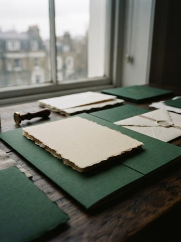 Close-up editorial photograph of tactile print collateral on a dark oak table, soft overcast London daylight filtering through a window, casting moody shadows, forest green and warm cream tones, 35mm film.