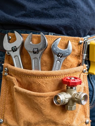 A close-up of a plumber's tool belt with wrenches and a water shutoff valve, bright work-light, detailed documentary style, 35mm