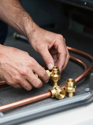 Close-up of a technician's hands organizing brass fittings and copper pipes inside a brightly lit utility truck, sharp focus, detailed documentary style, 35mm