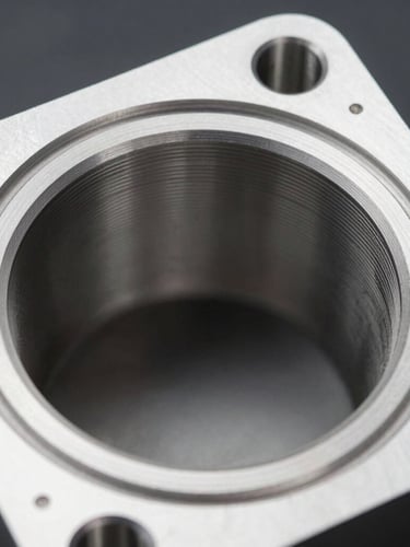 High-contrast macro photograph of a CNC machined cylinder head port, highlighting the ultra-smooth surface finish profile and precise valve seat angles, cool metallic lighting