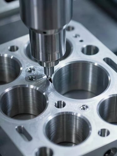 Extreme close-up of a five-axis CNC machine toolpath cutting a billet aluminum cylinder head, cool metallic silver tones, sharp rim lighting, 50mm