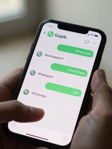 Tight close-up of a smartphone screen showing an active WhatsApp conversation thread with Gojek support, hands partially visible, natural indoor daylight, shot from slightly above