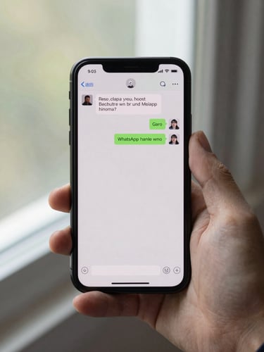 Close-up overhead shot of a hand holding a smartphone displaying a WhatsApp chat thread, natural daylight from a window, screen clearly legible, minimal background