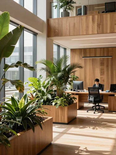 Wide architectural shot of a modern, sunlit corporate office with lush indoor plants, clean lines, warm wood finishes, and a calm professional working at a desk in the background, soft natural window light, 35mm