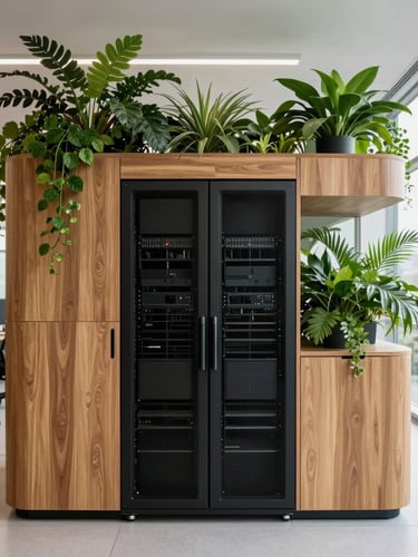 Architectural balanced view of a modern biophilic office, clean server cabinet integrated with warm wood panels and green indoor plants, soft natural daylight, 35mm editorial corporate photography