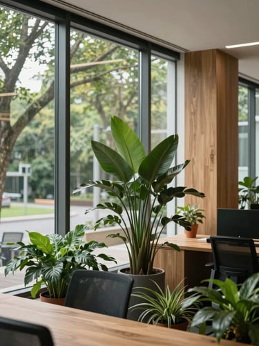 Architectural composition of a modern corporate office with biophilic design, large windows showing trees outside, potted plants inside, soft natural daylight, 35mm photography