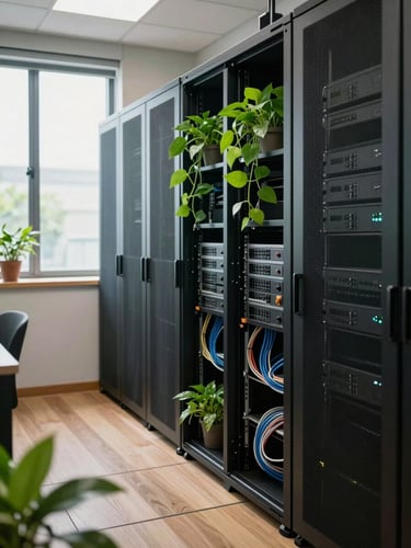 Architectural composition of a modern, clean corporate server room with soft natural daylight from a side window, green biophilic indoor plants neatly placed, organized cables, editorial photography style, 35mm