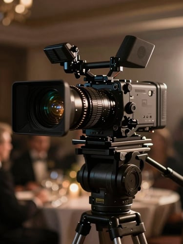 Close-up of a high-end cinema camera rig with anamorphic lens on a tripod, discreetly positioned at a corporate gala, dramatic low-key lighting, shallow depth of field, anamorphic lens flare.