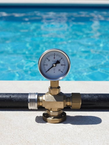 Straight-on technical shot of a clean pool pump pressure gauge showing perfect pressure, bright Florida midday sun, deep blue water surface reflecting in the background, 35mm lens.