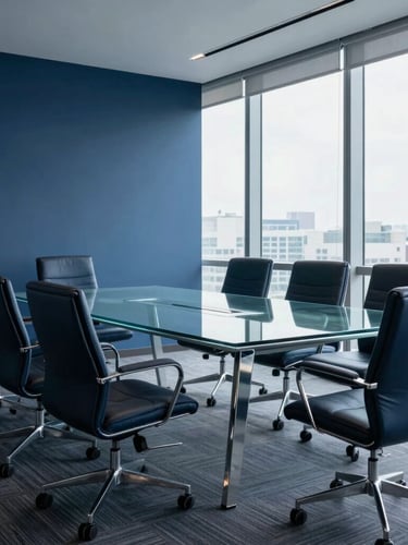 Editorial corporate photography, cool natural office light, deep blue and slate tones, sharp focus, 35mm, wide shot of modern corporate boardroom with empty leather chairs and clean glass table, negative space on left.