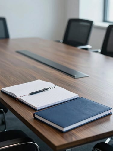 A sharp corporate boardroom with cool natural light, clean slate and navy tones, focusing on a structured wooden table with notebooks, professional 35mm photography