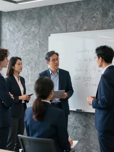 An executive workshop in a modern office, slate gray walls, cool natural light, professional leadership team collaborating around a white board, editorial corporate photography