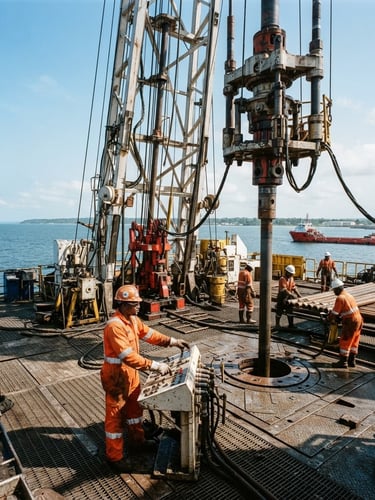 Wide shot of heavy machinery operating on an oil rig in Gamba, Gabon, under bright equatorial daylight. Workers in high-visibility PPE are visible in the background, sharp focus, professional documentary style, 35mm lens.