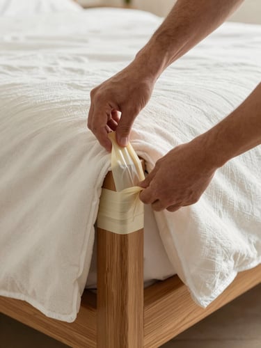 Close-up of thick protective blankets being taped tightly around wooden furniture corners, high-contrast natural light, professional hands visible, clean and organized.