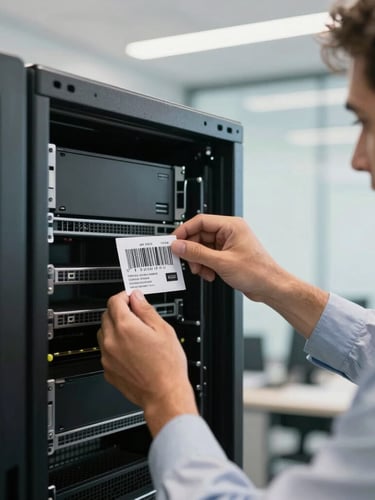 Close-up of a technician labeling a heavy server rack with a high-contrast barcode sticker inside a modern Abu Dhabi office, bright natural light.