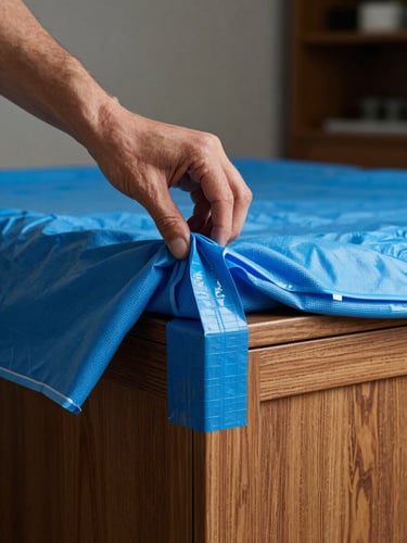 Close-up shot of professional hands applying thick blue protective blankets and heavy-duty tape around the wooden corners of a premium cabinet, natural high-contrast indoor lighting.