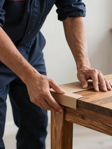 Close-up of a mover wearing a clean navy uniform applying thick protective cardboard corner guards to a polished wooden table joint, natural high-contrast lighting