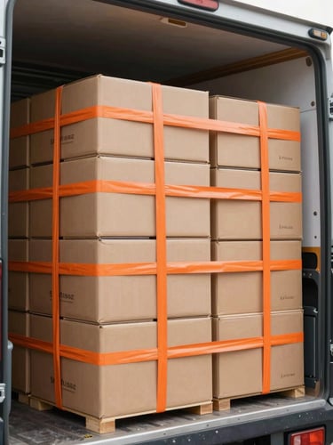 Spotless interior of a moving truck with neatly stacked uniform boxes secured by heavy-duty orange straps, bright clean lighting.