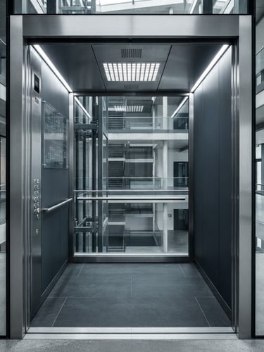 Straight-on high-contrast architectural elevation of a modern glass lift cabin interior, cool steel and slate tones, sharp technical blueprint details visible on the side, crisp studio lighting