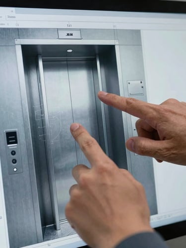 Close-up of an engineer's hands pointing at a detailed CAD drawing of an elevator shaft on a computer screen, crisp studio light, cool steel and slate tones, high-contrast technical blueprint aesthetic, 35mm