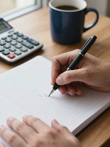 Close-up of hands writing neatly on a physical ledger, with a calculator and a cup of coffee nearby, soft natural window light, deep navy and amber tones, clean composition, 35mm lens, portrait aspect.