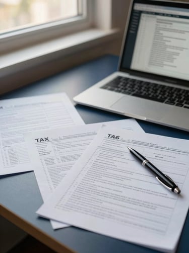 Organized tax documents and a pen on a desk, a laptop displaying tax software, under natural window light, deep navy and amber tones, 35mm lens, editorial medium-close up, soft shadows.