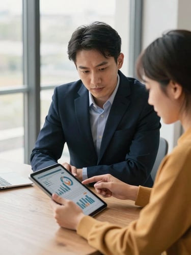 A financial advisor and a small business owner reviewing charts on a tablet in a modern office, natural window light, deep navy and amber tones, 35mm lens, editorial medium-close up, soft shadows.