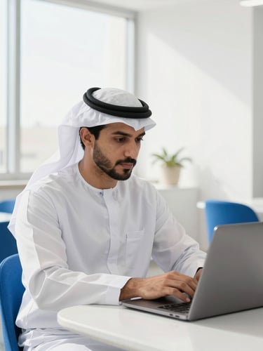 A medium-close environmental shot of a focused Arab professional working on a laptop in a modern, sunlit Muscat co-working space, soft morning daylight, clean white and electric blue accents, sharp focus, 35mm