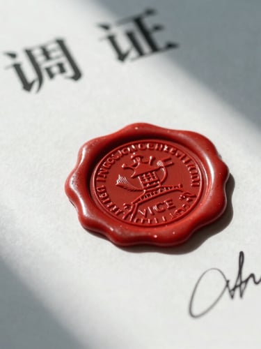 Macro close-up of a certified translation document with an official embossed red wax seal and signature, crisp cool daylight, architectural shadows, high clarity.
