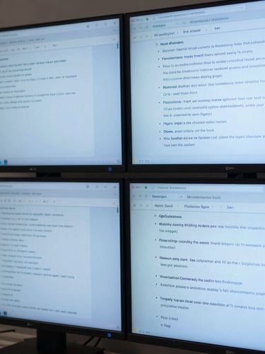 A split-screen view of multi-language technical documentation on high-resolution screens, cool blue daylight, clean geometric lines