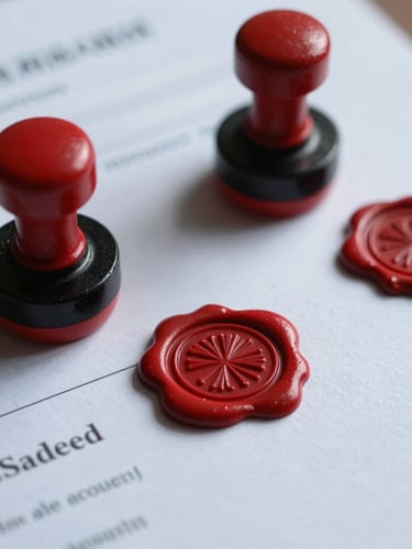 Macro close-up of certified legal documents with official red wax seals and ink stamps, crisp cool daylight casting precise shadows on textured paper.