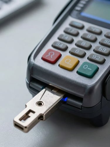 Macro close-up of a secure hardware security key inserted into a terminal, cool blue status indicator light, clean corporate setting