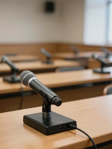Macro view of an empty international press room, sleek microphones on wooden desks, soft natural light, shallow depth of field.