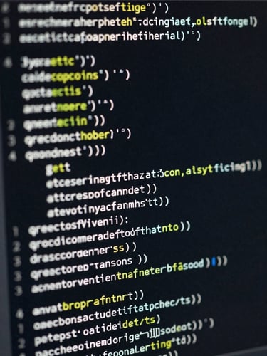 Macro close-up of structured software code alongside localized text strings on a dark monitor, cool white lighting, sharp focus