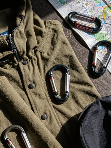 Flat lay of custom climbing apparel, rugged canvas fabrics, carabiners, and topographic maps under natural high-contrast sunlight.
