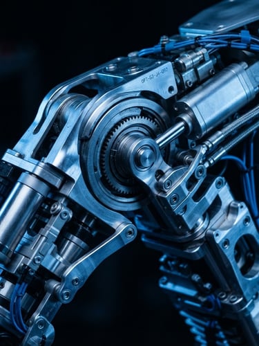 Macro studio photograph of Tesla Optimus Gen 3 metallic joint, cool clinical blue lighting, high-contrast reflections on alloy chassis.