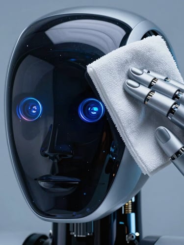 Macro shot of a clean microvezel cloth gently wiping the glossy black glass of a humanoid robot's face sensor array, clinical studio lighting.