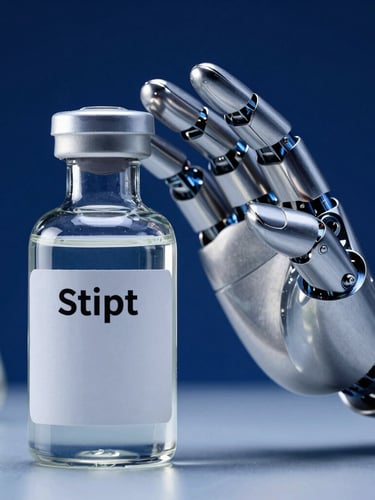 Macro studio shot of a Stipt chemical bottle next to a metallic robotic hand, cool clinical lighting, sharp reflections on polished silver surfaces, portrait aspect.