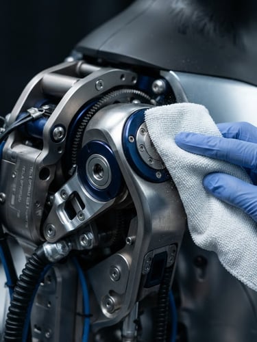 Macro studio photography of Tesla Optimus Gen 3 metallic alloy shoulder joint being wiped with a zero-residue microvezel cloth, cool clinical lighting, deep cobalt accents, high-contrast reflections
