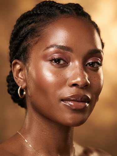 Close-up editorial portrait of a diverse model with luminous, dewy skin, warm studio strobe lighting highlighting cheekbone sheen, rich nude tones