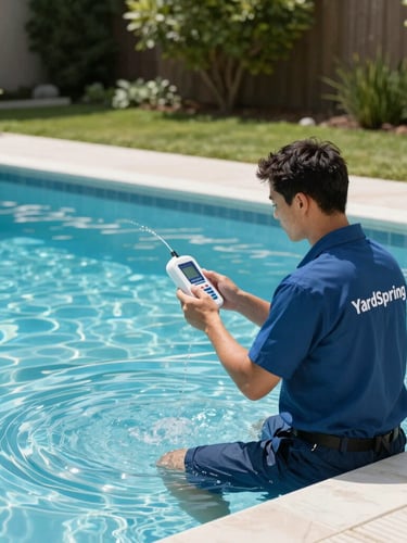 Professional, uniformed YardSpring Pools technician performing a water test at a pristine backyard pool, holding a digital testing device, focused and precise, bright morning daylight, portrait aspect.