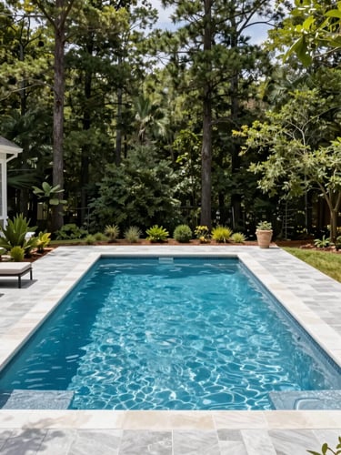 Premium architectural backyard pool in Alpharetta surrounded by lush green Georgia pines, bright morning daylight, crisp blue water, 35mm lens
