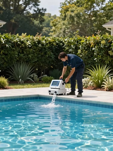 Uniformed YardSpring Pools technician checking water chemistry at a pristine commercial pool in Metro Atlanta, modern testing equipment, bright morning daylight, lush green landscaping.