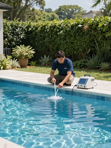 Professional uniformed pool technician inspecting water chemistry at a pristine architectural pool in an affluent North Atlanta backyard, crisp morning light, high-end testing equipment, lush green surroundings.