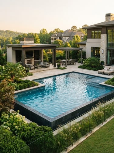 Wide shot of a pristine, architectural backyard pool in an affluent Atlanta suburb at golden hour, water shimmering, modern patio furniture, lush green landscaping, 35mm lens.