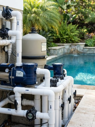 Close-up of modern pool pump and filter system, pipes gleam, professional installation, bright morning daylight, crisp blue and lush green tones, high-end residential pool, 35mm lens, subject on left third bleeding to edge.