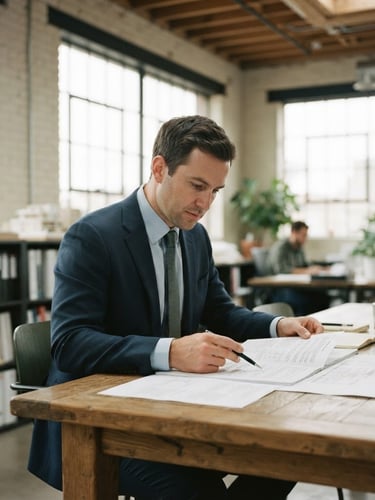 A bright, natural daylight shot of a structured architectural workspace. A professional in a navy suit reviews official compliance documents at a large oak table, soft desaturated tones, shallow depth of field, 35mm.