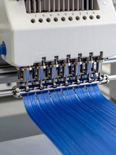 Extreme close-up of a high-speed multi-head computerized embroidery machine needle bar in motion, crisp royal blue thread feeding through chrome tensioners, bright neutral industrial daylight, high-contrast mechanical details.